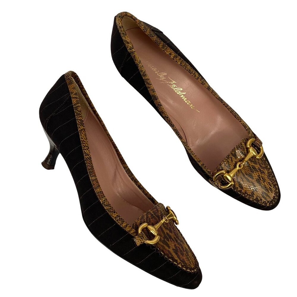 Beverly Feldman Pinstripe Leopard Print Gold Horsebit Hardware Low Heels Size 7